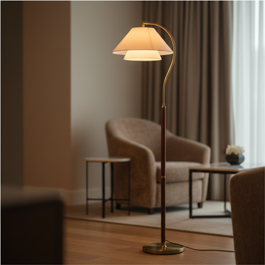 Elegant Gold Arc Floor Lamp with Two-Tiered Fabric Shade for Living Room Floor Lamp